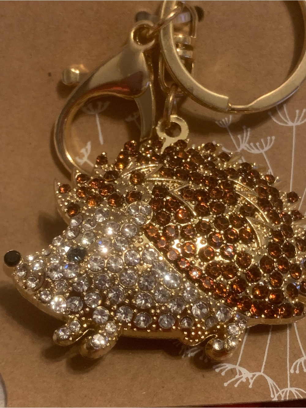 Betsey Johnson Gold Hedgehog Keychain with Brown & Clear Crystals